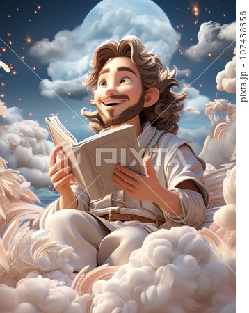 Cartoon Jesus Christ sitting in the clouds in the heavens of paradise. AI Cartoon Jesus Christ sitting in the clouds in the heavens of paradise. AI 107438358
