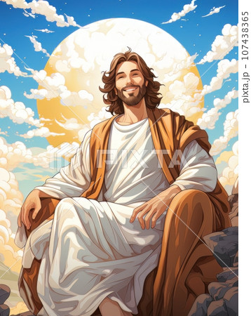 Cartoon Jesus Christ Sitting In The Clouds In...のイラスト素材 [107438365] - PIXTA