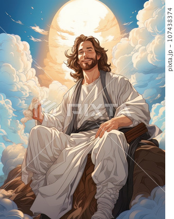 Cartoon Jesus Christ Sitting In The Clouds In...のイラスト素材 [107438374] - PIXTA