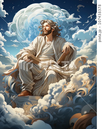 Cartoon Jesus Christ sitting in the clouds in the heavens of paradise. AI 107438378