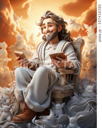 Cartoon Jesus Christ sitting in the clouds in the heavens of paradise. AI 107438380