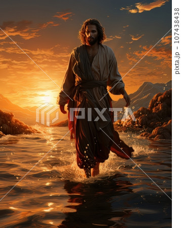 Jesus Christ walks on the surface of the water. AI Jesus Christ walks on the surface of the water. AI 107438438