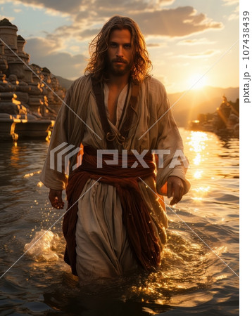 Jesus Christ walks on the surface of the water. AI 107438439