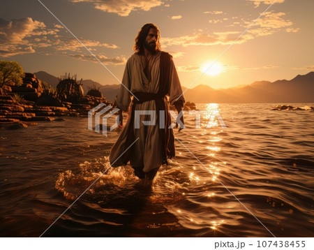 Jesus Christ walks on the surface of the water. AI Jesus Christ walks on the surface of the water. AI 107438455