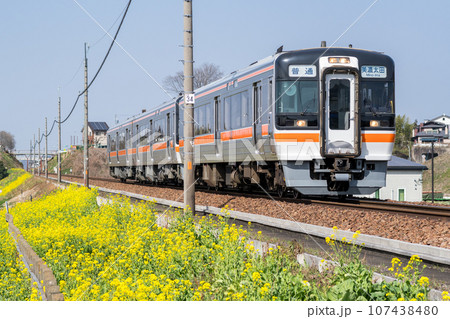 【高山本線】菜の花の横を駆け抜ける普通列車 【高山本線】菜の花の横を駆け抜ける普通列車 107438480