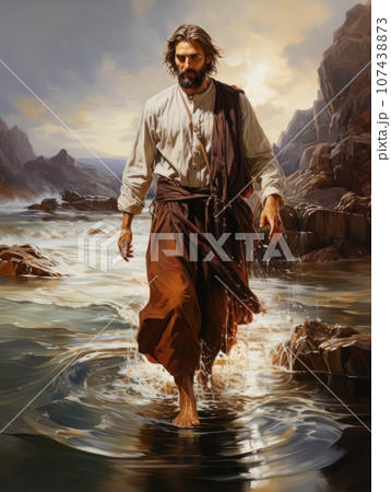 Jesus Christ walks on the surface of the water. AI Jesus Christ walks on the surface of the water. AI 107438873