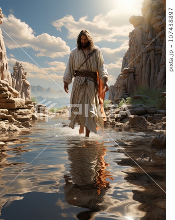 Jesus Christ walks on the surface of the water. AI 107438897