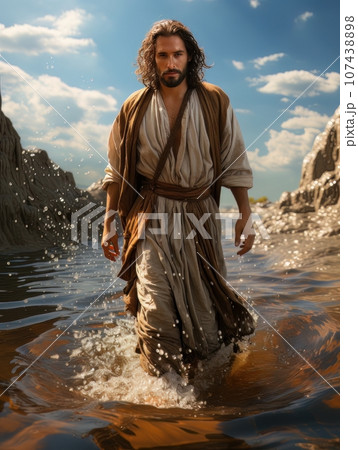 Jesus Christ walks on the surface of the water. AI Jesus Christ walks on the surface of the water. AI 107438898
