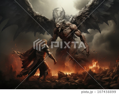 Confrontation between angel and demon, good and evil, Christian oil painting. AI Confrontation between angel and demon, good and evil, Christian oil painting. AI 107438899