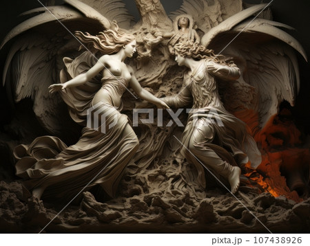 Confrontation between angel and demon, good and evil, Christian oil painting. AI Confrontation between angel and demon, good and evil, Christian oil painting. AI 107438926