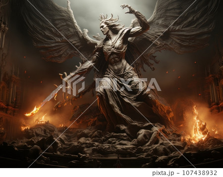 Confrontation between angel and demon, good and evil, Christian oil painting. AI 107438932