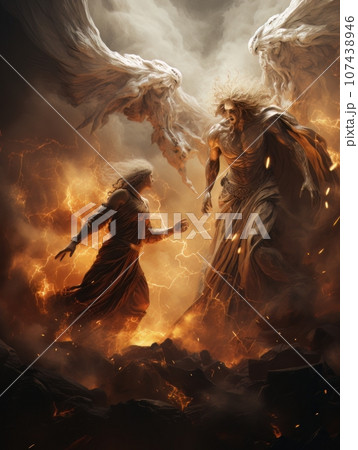 Confrontation between angel and demon, good and evil, Christian oil painting. AI 107438946
