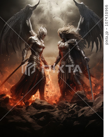 Confrontation between angel and demon, good and evil, Christian oil painting. AI 107438966