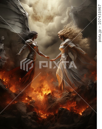 Confrontation between angel and demon, good and evil, Christian oil painting. AI 107438967