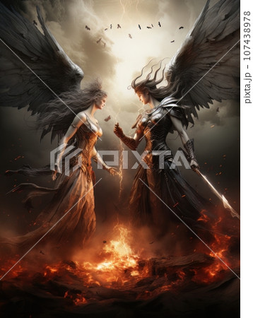Confrontation between angel and demon, good and evil, Christian oil painting. AI Confrontation between angel and demon, good and evil, Christian oil painting. AI 107438978