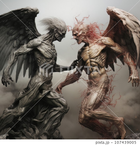 Confrontation between angel and demon, good and evil, Christian oil painting. AI 107439005