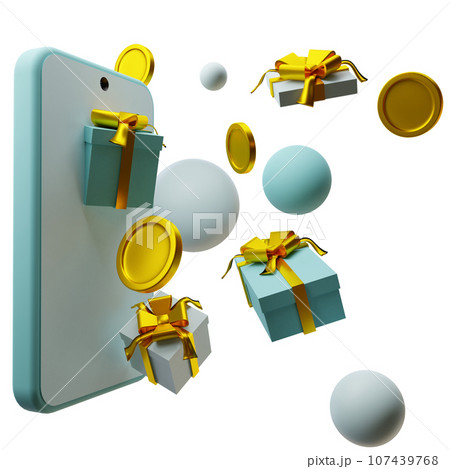 3D Giveaway design with phone, gift boxs and coins white background 107439768
