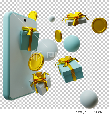 3D Giveaway design with phone, gift boxs and coins white background 107439768