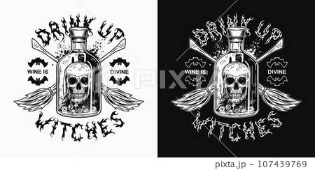 Black and white label with bottle of potion with human skull, eyeballs, mushrooms inside, criss crossed brooms, bat silhouette, text Drink up Witches. Halloween creepy illustration in vintage style 107439769