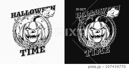 Halloween infernal circular label in steampunk style with pumpkin head, rusty gears, rough chains, fire. Creative fantasy concept, Black and white illustration 107439770