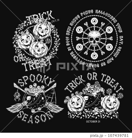 Set of halloween labels with sweets, pumpkin heads like smiling happy kids, criss crossed brooms, witch cauldron full of eyeballs, magic circle with skull. Monochrome emblems on black background Set of halloween labels with sweets, pumpkin heads like smiling happy kids, criss crossed brooms, witch cauldron full of eyeballs, magic circle with skull. Monochrome emblems on black background 107439781