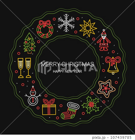 Wreath with color Christmas icons and copy space Wreath with color Christmas icons and copy space 107439785