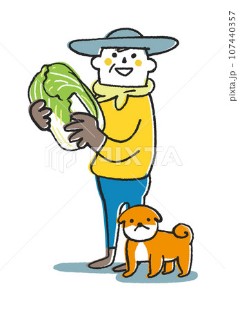 白菜を持っている農家さんまたは家庭菜園をする人　イラスト素材 107440357
