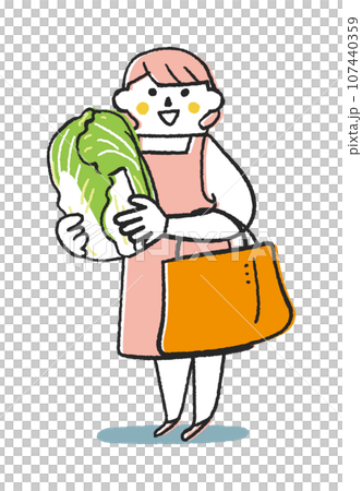 白菜を持っているエプロン姿の女性または主婦　イラスト素材 107440359