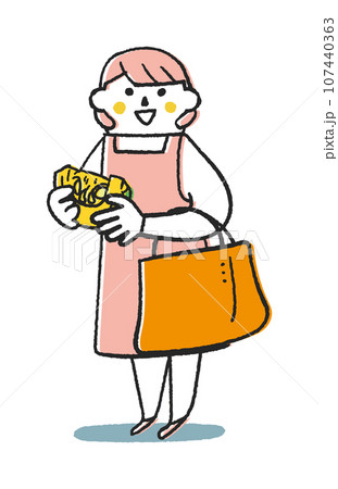 かぼちゃを持っているエプロン姿の女性または主婦　イラスト素材 107440363