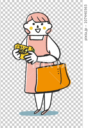 かぼちゃを持っているエプロン姿の女性または主婦　イラスト素材 107440363