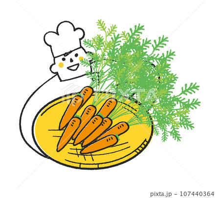立派な人参を持ってこちらを見上げるコックまたは料理人　イラスト素材 107440364