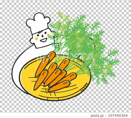 立派な人参を持ってこちらを見上げるコックまたは料理人　イラスト素材 107440364