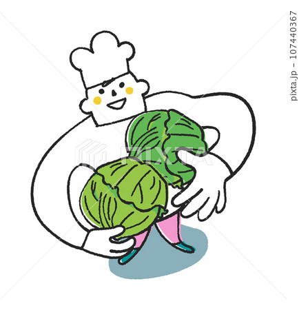 立派なキャベツを持ってこちらを見上げるコックまたは料理人　イラスト素材 107440367