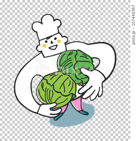 立派なキャベツを持ってこちらを見上げるコックまたは料理人　イラスト素材 107440367
