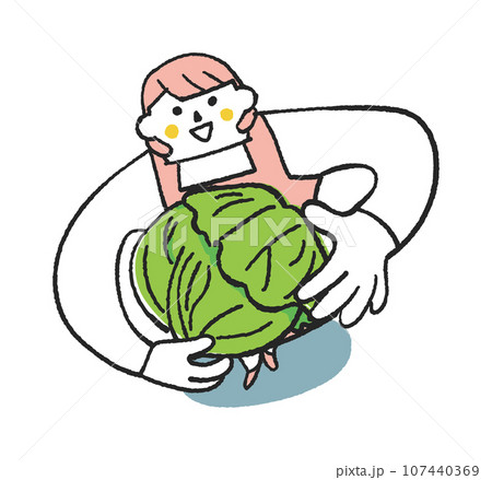 立派なキャベツを持ってこちらを見上げるエプロン姿の女性または主婦　イラスト素材 107440369