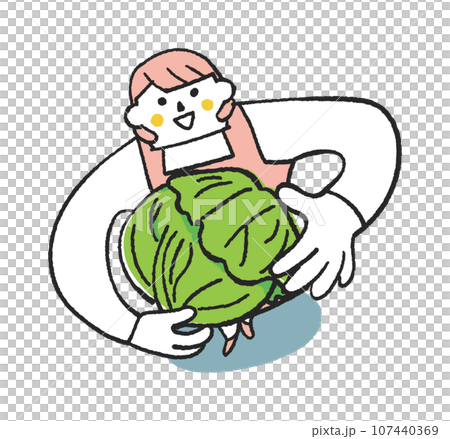 立派なキャベツを持ってこちらを見上げるエプロン姿の女性または主婦　イラスト素材 107440369