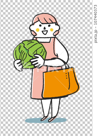 キャベツの束を持っているエプロン姿の女性または主婦　イラスト素材 107440373