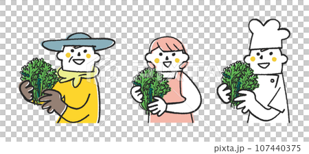Vegetables to be sown in autumn and winter - farmer, housewife, and cook holding spring chrysanthemums - set illustration material 107440375