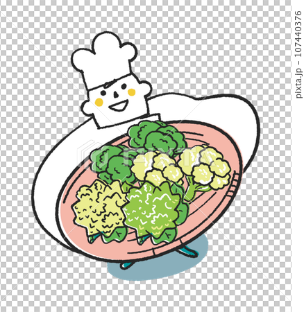 插畫素材：廚師或廚師拿著細花椰菜、羅馬花椰菜和花椰菜抬頭看著你 107440376