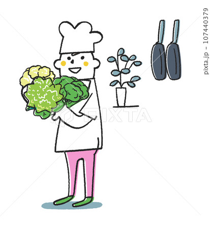 ブロッコリー、ロマネスコ、カリフラワーを持っているコックまたは料理人　イラスト素材 107440379