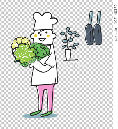 ブロッコリー、ロマネスコ、カリフラワーを持っているコックまたは料理人　イラスト素材 107440379
