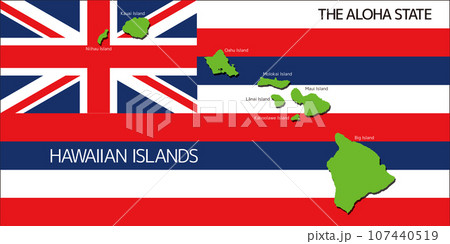 ハワイの地図 島名英語表記 影付き 州旗バック ハワイの地図 島名英語表記 影付き 州旗バック 107440519