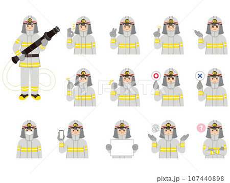 消防士の若い女性　表情とジェスチャーのイラスト素材セット 107440898