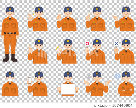 Young male firefighter facial expressions and gestures illustration material set 107440904