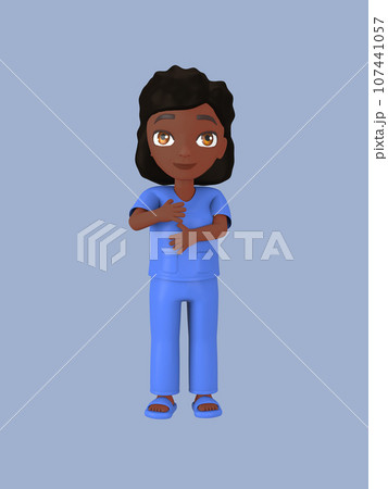 Dark-skinned female character in blue nursing assistant uniform. 3d rendering 107441057