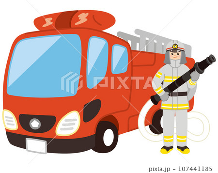 はしご消防車と消防士の女性 防災 レスキュー はしご消防車と消防士の女性 防災 レスキュー 107441185
