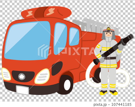 はしご消防車と消防士の女性 防災 レスキュー はしご消防車と消防士の女性 防災 レスキュー 107441185