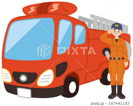 はしご消防車と消防士の女性 防災 レスキュー はしご消防車と消防士の女性 防災 レスキュー 107441187