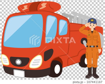 はしご消防車と消防士の女性 防災 レスキュー はしご消防車と消防士の女性 防災 レスキュー 107441187