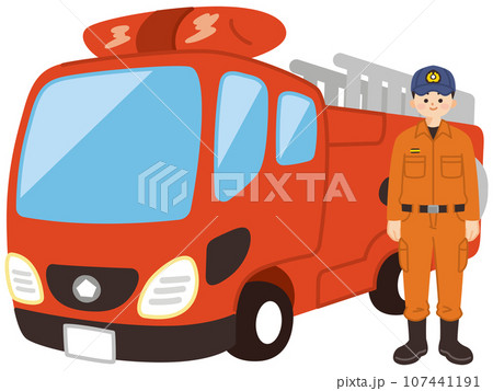 はしご消防車と消防士の男性 防災 レスキュー はしご消防車と消防士の男性 防災 レスキュー 107441191
